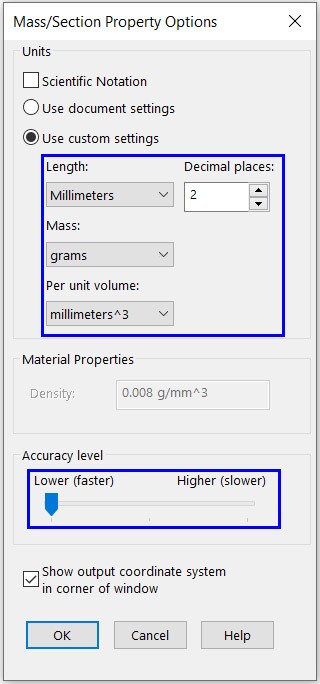 بخش Options ابزار Mass Properties در نرم‌افزار سالیدورک